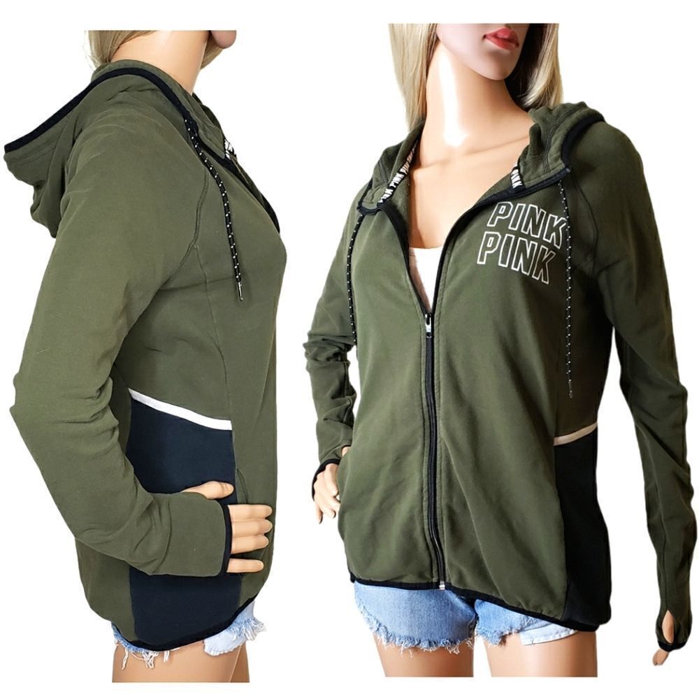Victoria's Secret PINK Army Green Hooded Jacket W/ Thumb Holes